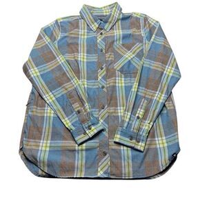 Duluth Trading Co Blue and Brown Plaid Casual Button Down Shirt